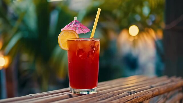 Refreshing tropical cocktail with lemon slice and umbrella decoration  
