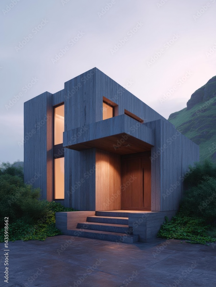 Poster modern, minimalist house with a unique architectural design. the house is made of concrete blocks an
