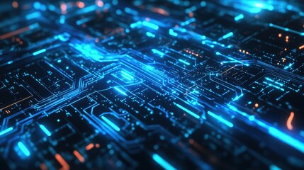 futuristic background with glowing blue circuits and a digital grid, giving a cyber-inspired design.