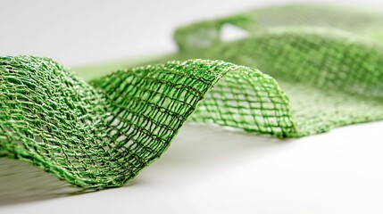 A close-up of a green mesh piece, showcasing its intricate weave and textured surface, shown against a bright white backdrop for clarity