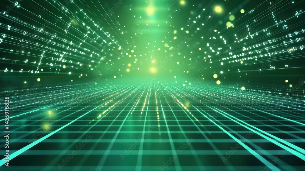 Poster green gradient background with a futuristic glow and a subtle digital grid overlay