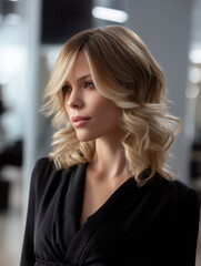 beautiful woman with ash blond wavy layered bob hairstyle, haircut with bangs, in luxury salon 