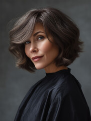 beautiful woman with ash brown wavy layered bob hairstyle, haircut with bangs, in luxury salon 