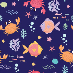 Vector illustration of elegant flat tropical fish seamless pattern