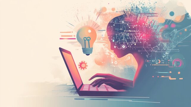 Abstract digital illustration of person working on laptop, idea generation, creative process, possible use for stock photo