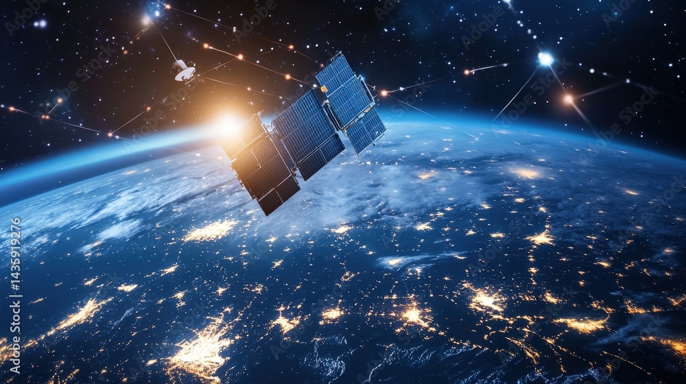 Poster satellite transmitting data across a global communication network, linking cities with digital signa