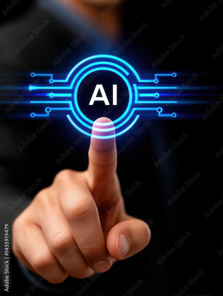 Poster a hand touching a glowing circular interface with the letters ai at its center, symbolizing technolo