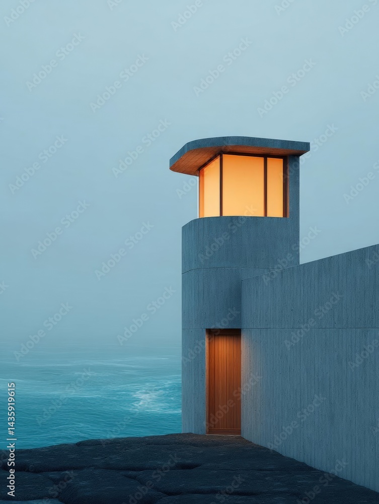 Poster modern concrete structure with a small window on top. the structure is located on a cliff overlookin