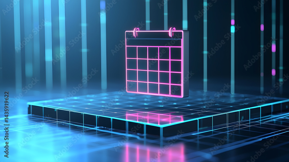 Poster dynamic digital calendar icon in futuristic grid conceptual display high-tech environment 3d render
