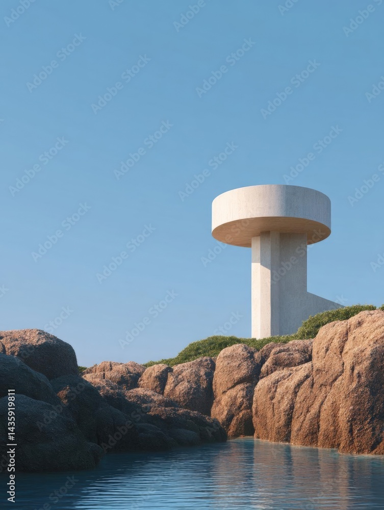Poster modern architectural structure, which appears to be a tall, cylindrical structure with a flat top. i