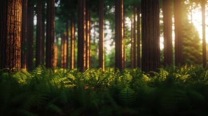 Sunlight filters through Redwood forest floor
