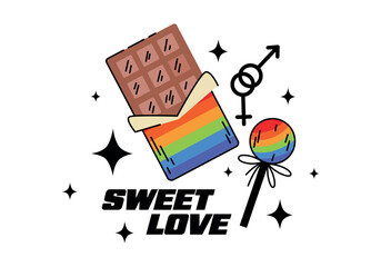 Cute cartoon sweets, chocolate, lollipop in the color of the rainbow flag. Flat vector illustration. LGBT+, pride tolerance, June, sexual orientation, gender, rainbow, equality, gay, lesbian, bisexual