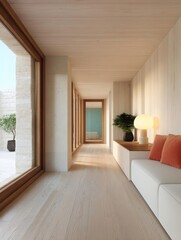 Fototapeta premium Modern and minimalist living room with a high ceiling and wooden flooring. the room has a large window on the left side, allowing natural light to enter the space.