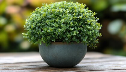 Lush green plant in a rustic pot on a wooden table surrounded by nature