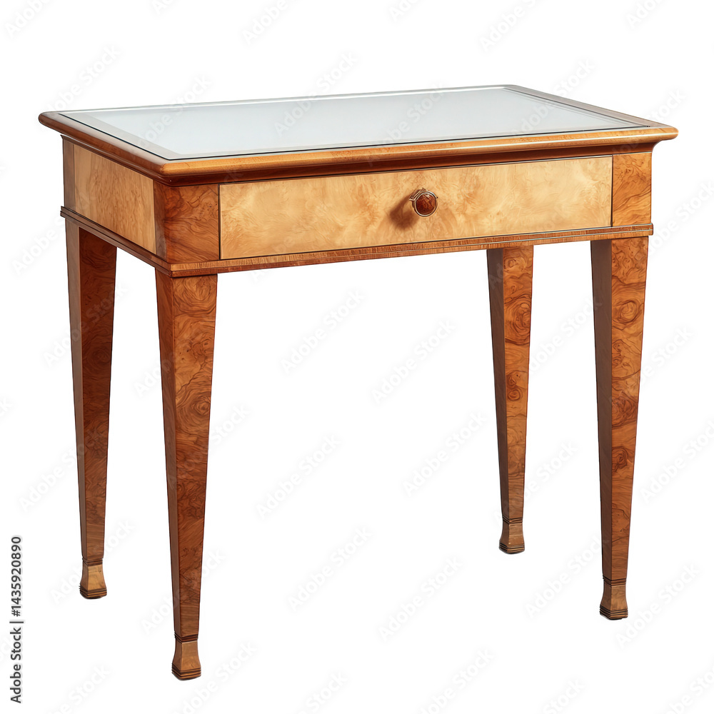Poster a wooden side table featuring a smooth top surface. a single drawer with a rounded knob. and elegant