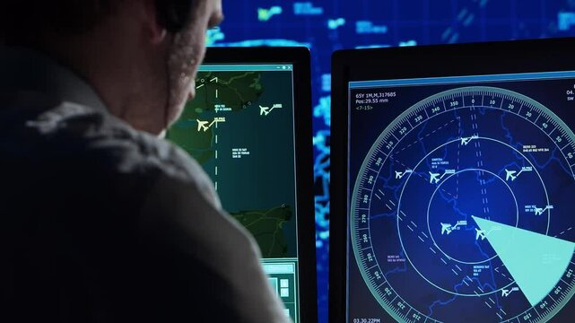 Professional air traffic controller in the control tower. Aircraft control officer works using radar, computer navigation and digital maps. Close-up portrait.