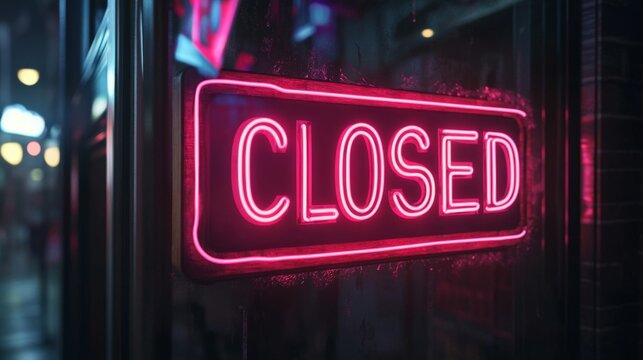 Pink Neon Closed Sign in a Rainy City at Night