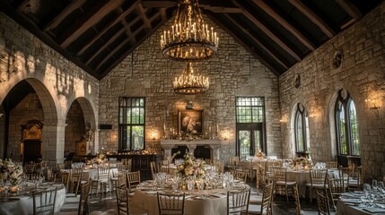 Fototapeta premium A historic castle wedding hall with grand stone walls, antique chandeliers, and a fairy-tale setting
