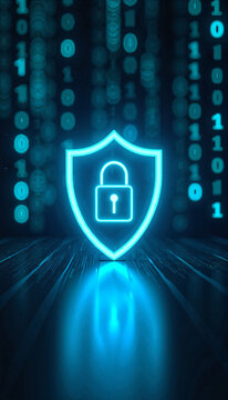 Glowing Cyber Padlock Shield Reflecting on Digital Floor with Blurred Binary Streams