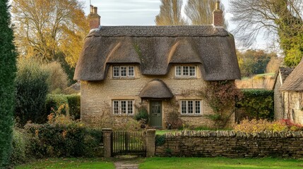 A historic English farmhouse with a thatched roof, stone walls, and a charming orchard in the backyard.