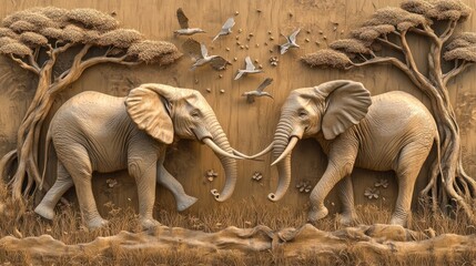 Carved elephants in African savanna landscape; decorative wall art; stock photo