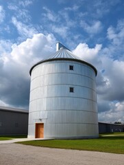 Large, round, white silo with a corrugated metal roof. the silo is located in a grassy area with a gravel path leading up to it. the sky is blue with some clouds scattered across it.