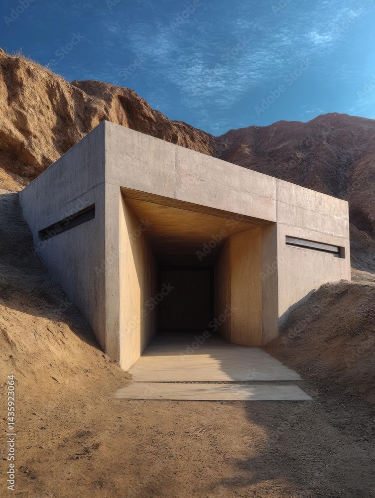 Aufkleber concrete tunnel in the middle of a desert-like landscape. the tunnel appears to be made of concrete 
