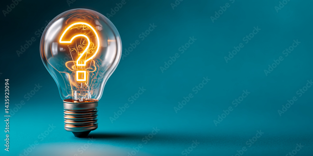 Poster illuminated glass bulb showcasing a glowing question mark, symbolizing inquiry, problem-solving, or 