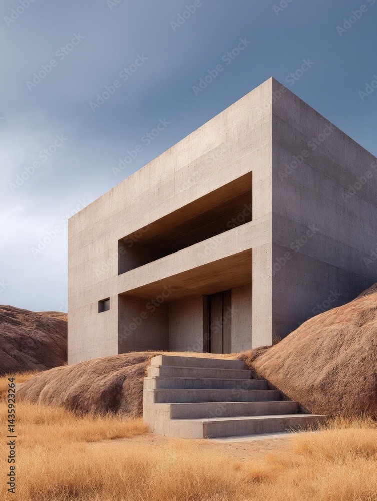 Poster modern concrete building with a unique architectural design. the building is located on a hillside w