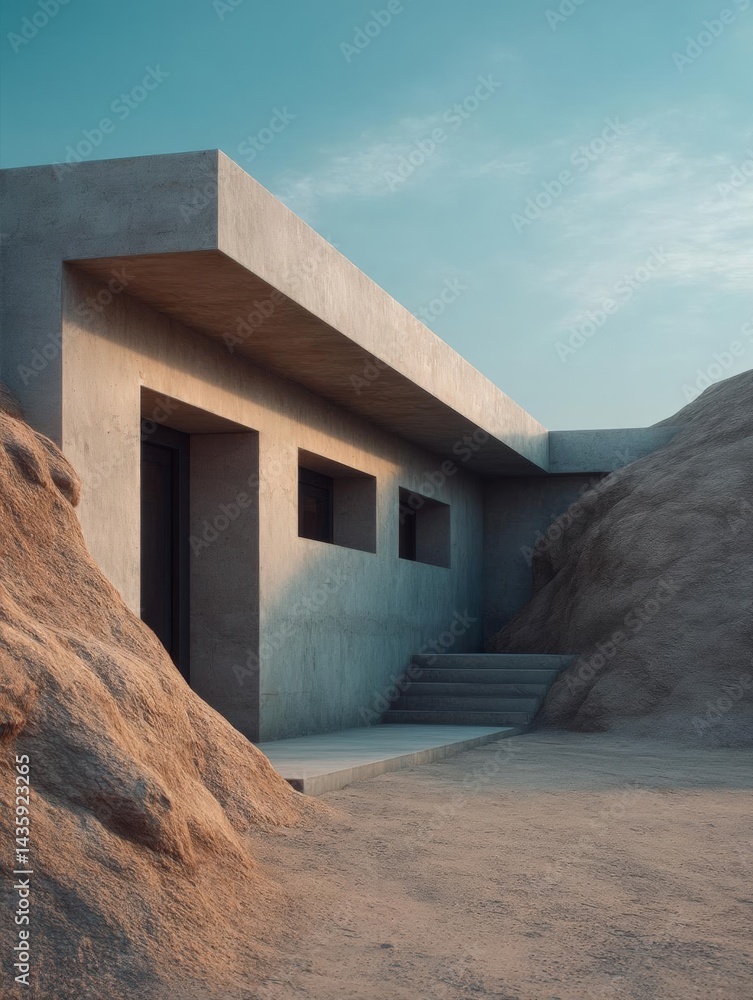 Aufkleber modern, minimalist building with a concrete exterior. the building is located in a desert-like envir