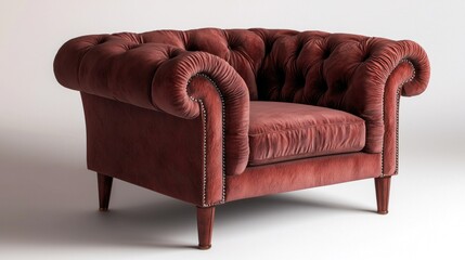 Rustic burgundy leather armchair in studio