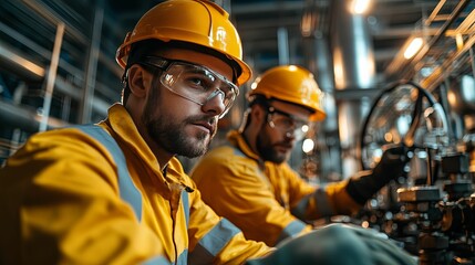 Focused industrial workers in protective gear at a machinery station.