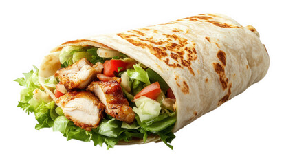 delicious wrap filled with grilled chicken. fresh lettuce. and diced tomatoes. all encased in a soft tortilla it showcases a popular food option. ideal for quick meals or snacks. highlighting flavors