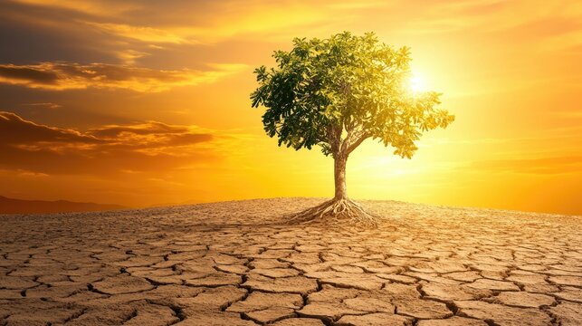A lonely tree in an arid field under an orange sky, representing desertification and heat