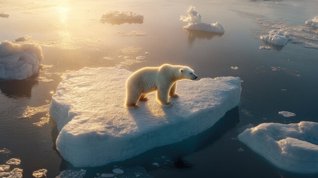 A lone polar bear on a shrinking iceberg surrounded by open water, representing habitat loss from global warming