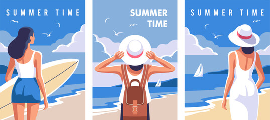 Concept of summer party, vacation and travel. Three vibrant illustrations depict people at the beach enjoying summer activities, including surfing and relaxing by the sea. Vector illustration.