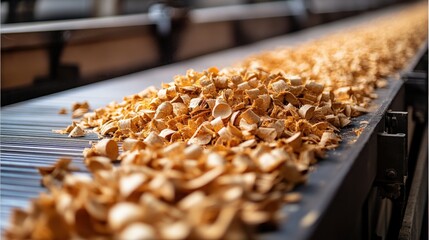Wood shavings on conveyor belt showcasing industrial processing in natural tones