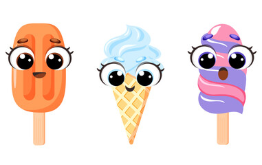 Set of cute Ice cream faces with different emotions, educational flashcards, preschool activities