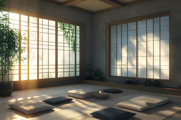 Japanese Zen Meditation Room with Tatami Mats and Shoji Screens