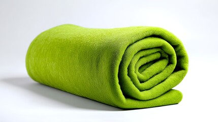 A rolled-up green blanket made of soft material, ideal for outdoor activities or home relaxation, shown against a bright white backdrop