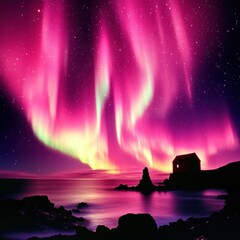 Spectacular Aurora Borealis Display Over Coastal Home, Night Serenity View