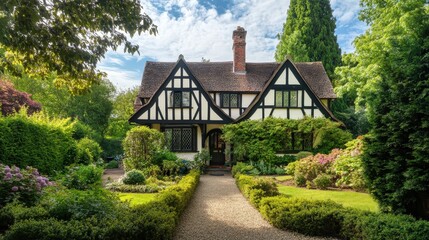 Tudor-style house in England featuring black-and-white timber framing and a cozy garden