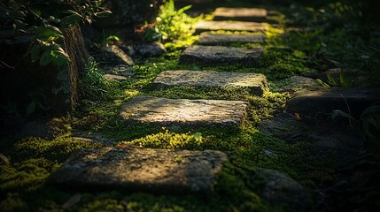 Fototapeta premium Shadows and light dance on a quiet garden path
