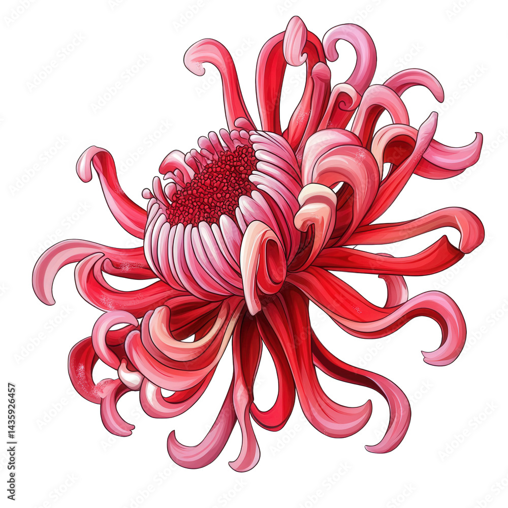Poster a stylized. vibrant flower with long. curling petals in shades of pink and red. resembling a unique 