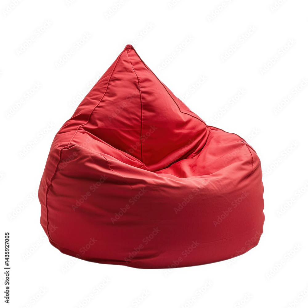 Poster a red bean bag chair. characterized by its soft. flexible structure and pointed top it serves as a c