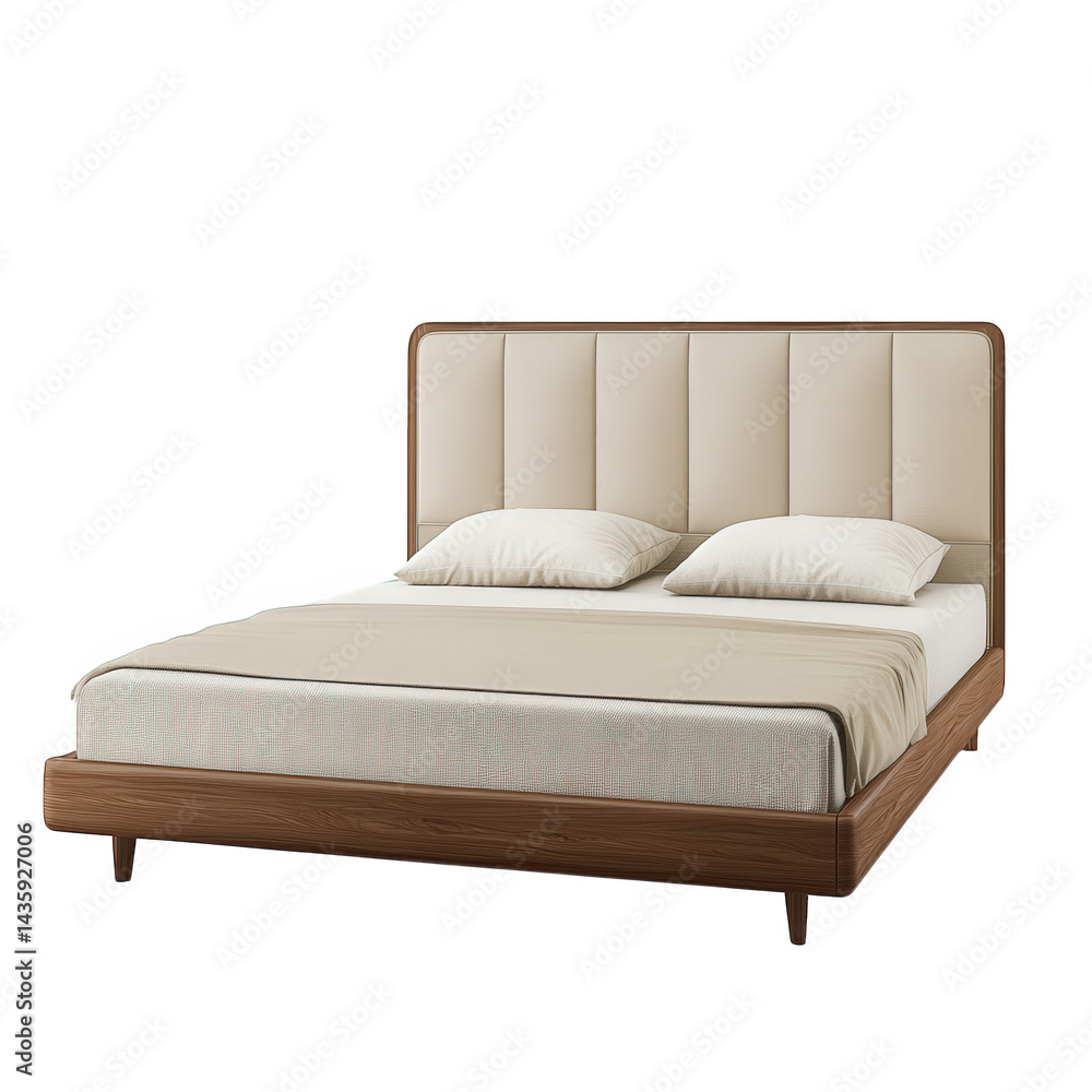 Poster modern bed with a minimalist design. showcasing a padded headboard in a light color and a wooden fra