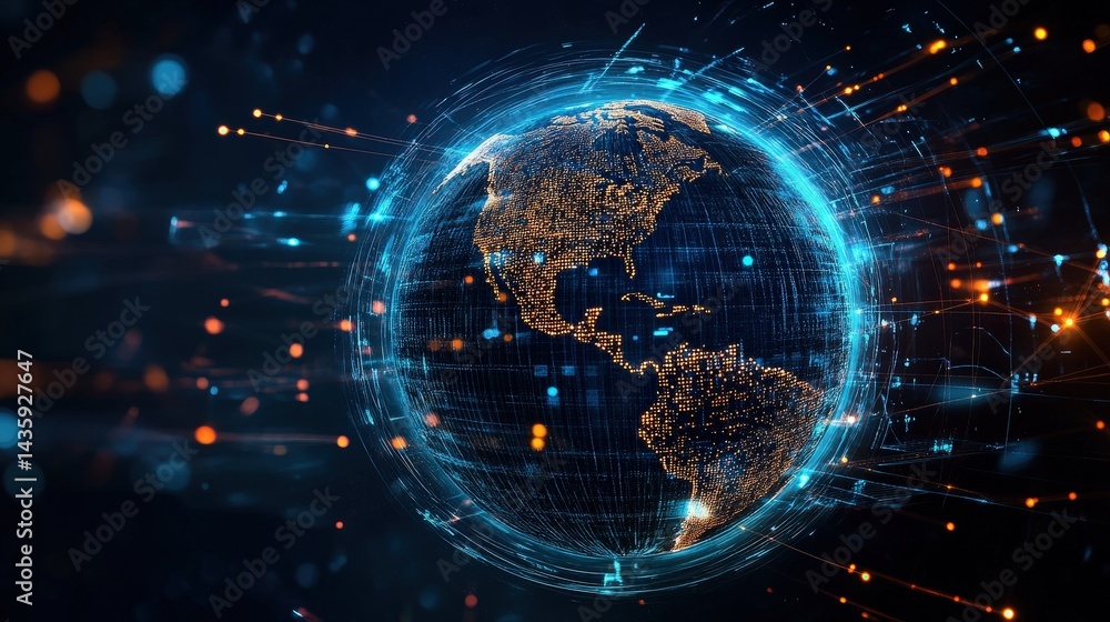 Poster a holographic globe with bright data trails circling the earth, visualizing global data flow