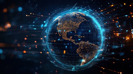 Obraz premium A holographic globe with bright data trails circling the earth, visualizing global data flow
