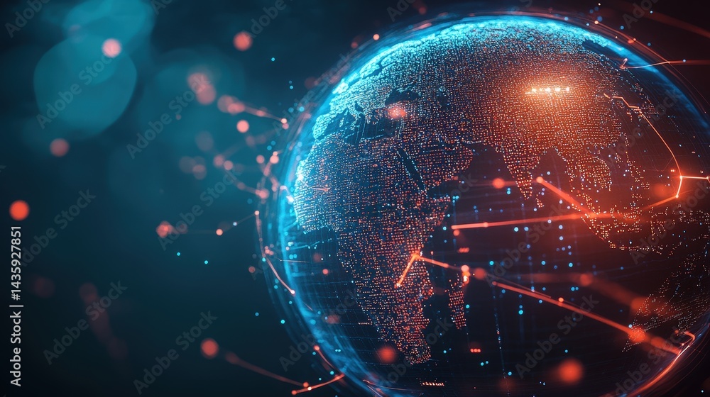 Poster a holographic globe with pulsing connection points, visualizing international business and digital n