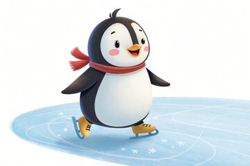 Adorable Penguin Ice Skating Winter Fun Cute Cartoon Illustration
